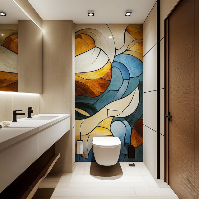Modern abstract wall mural in a bathroom featuring geometric shapes in earthy and blue hues.
