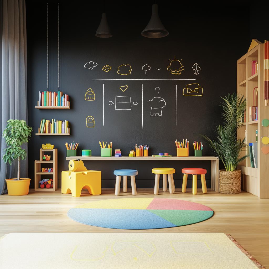 Colorful kids playroom with a black chalkboard wall, vibrant furniture, and creative decor for interactive learning.