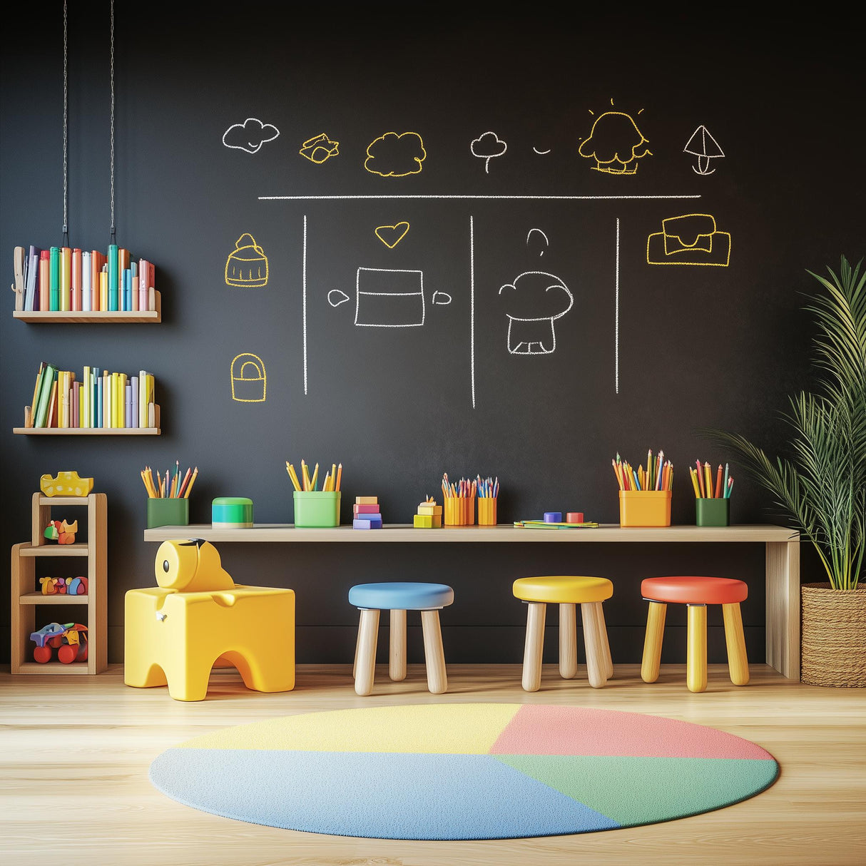 Colorful kids playroom with a chalkboard wall decal, stools, and creative supplies on a wooden floor.