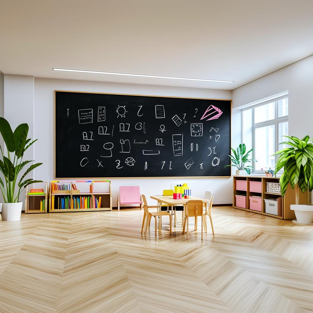 Classroom with a large chalkboard wall featuring drawings, cozy seating, and natural light.