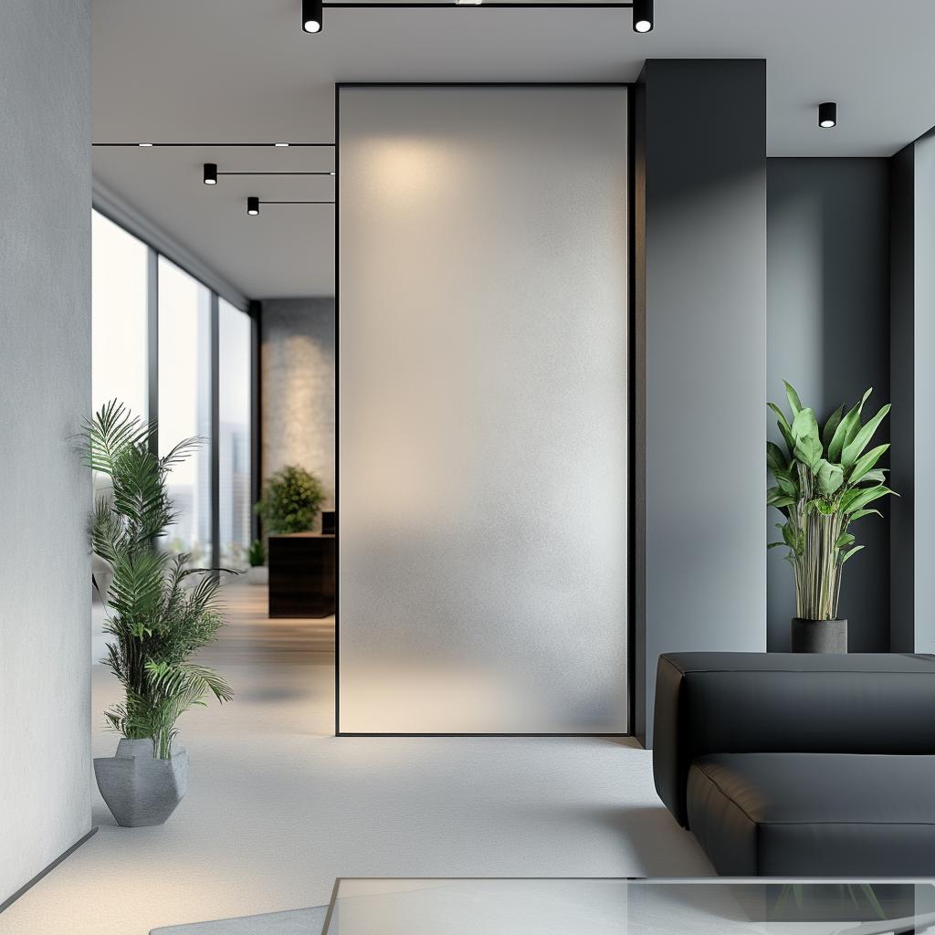 Modern office interior featuring a frosted glass privacy wall, with potted plants and sleek furniture.