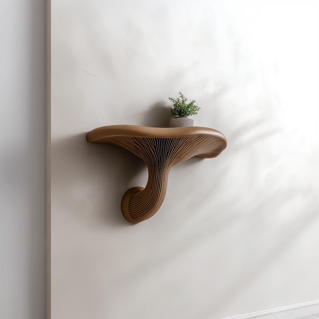 3D printed mushroom floating shelf mounted on wall with plant, showcasing modern boho decor and organic design.