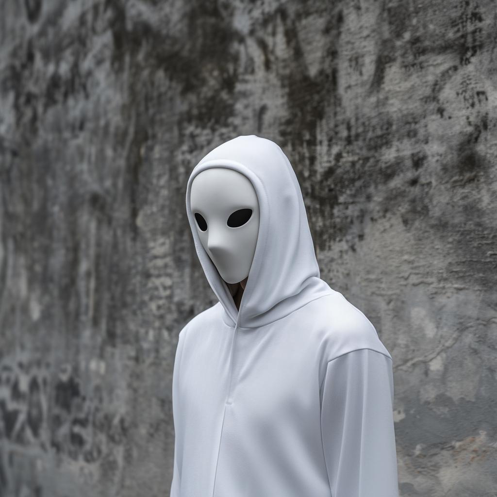 Minimalist 3D-printed white phantom mask on a person in a hood, set against a textured gray wall.