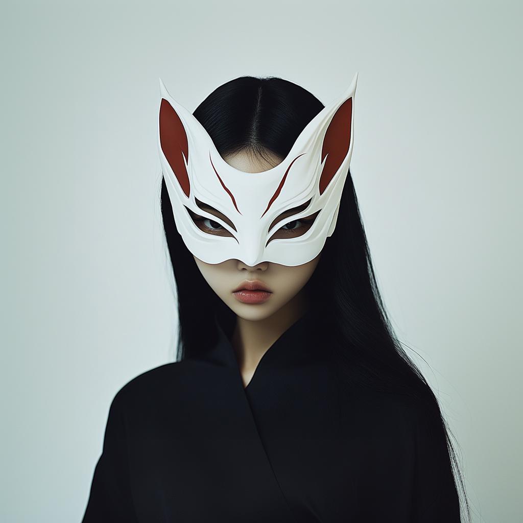 Elegant Japanese Kitsune fox spirit mask with detailed features, worn by a model in a traditional outfit.