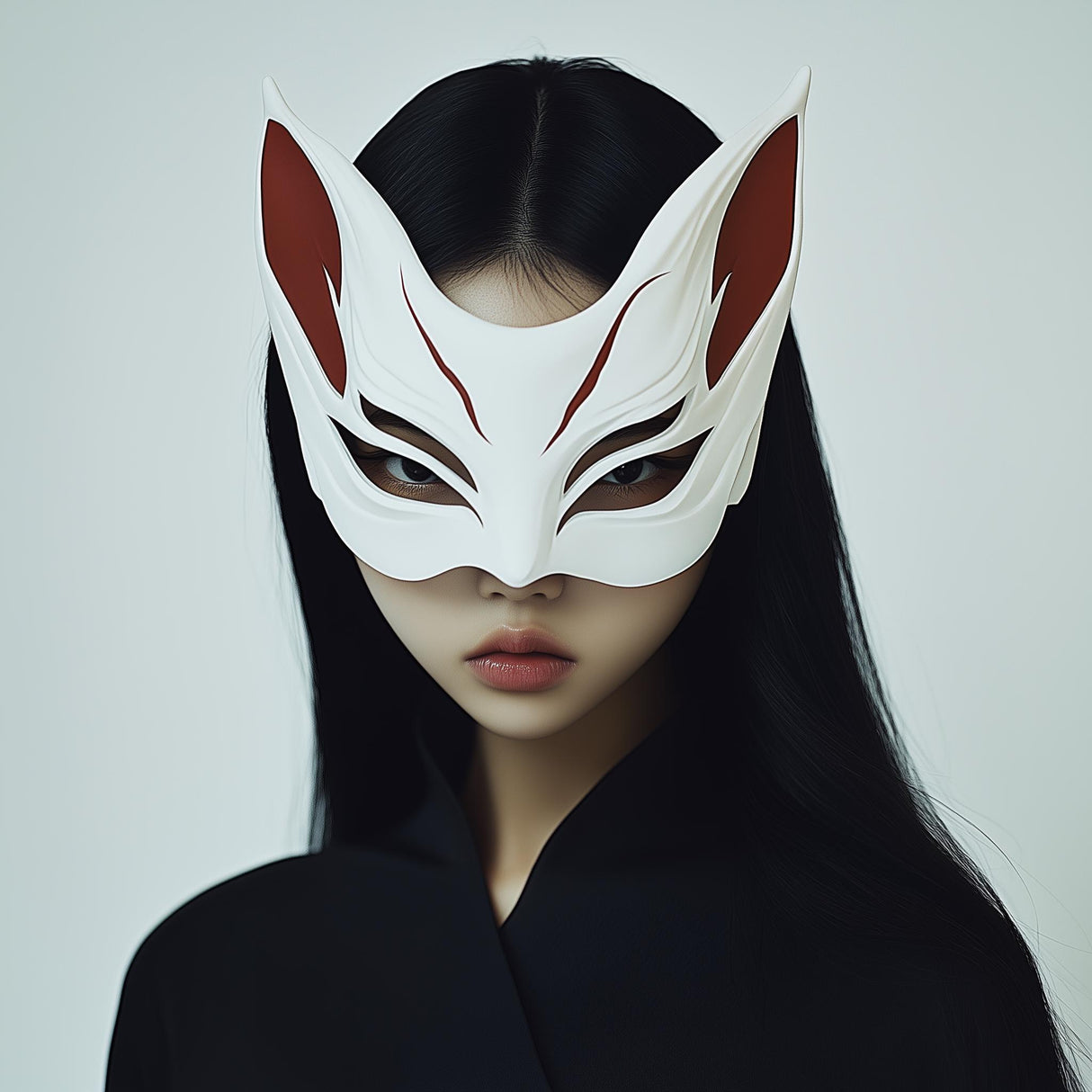 Elegant 3D-printed Japanese fox spirit mask worn by a model in a dark outfit, perfect for cosplay or Halloween.