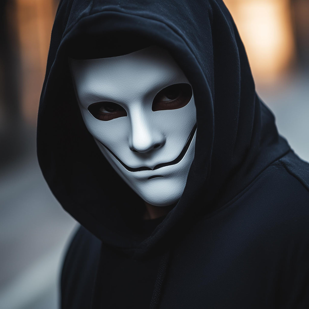 Person wearing a sinister smiling mask with a hood, perfect for Halloween and cosplay.
