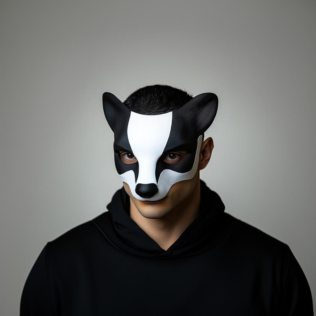 3D-printed badger mask designed for cosplay and Halloween, featuring realistic black-and-white markings.