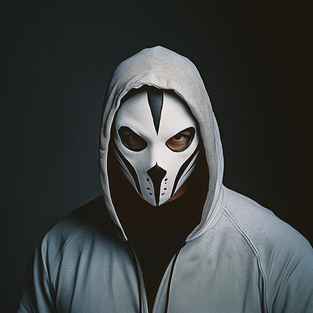 3D printed tactical phantom mask worn by a hooded figure, perfect for cosplay and Halloween events.