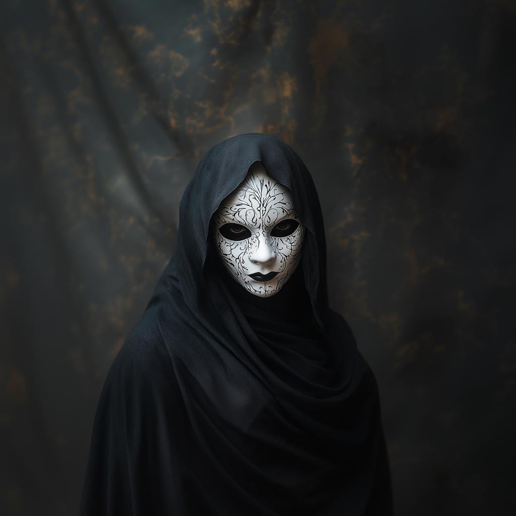 Gothic masquerade mask with intricate designs, worn by person in black hooded cloak, creating a dark fantasy aesthetic.