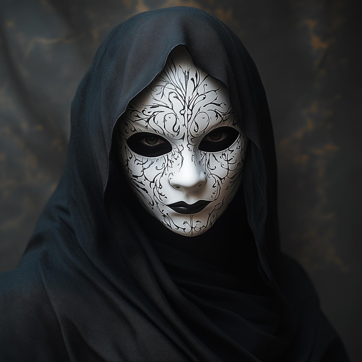 Gothic masquerade mask with intricate engraved patterns, shrouded in black fabric, perfect for cosplay and dark fantasy themes.