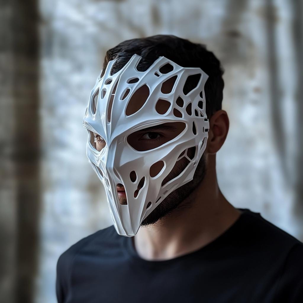 Biomorphic cyberpunk mask worn by a model, showcasing its intricate abstract design and lightweight structure.