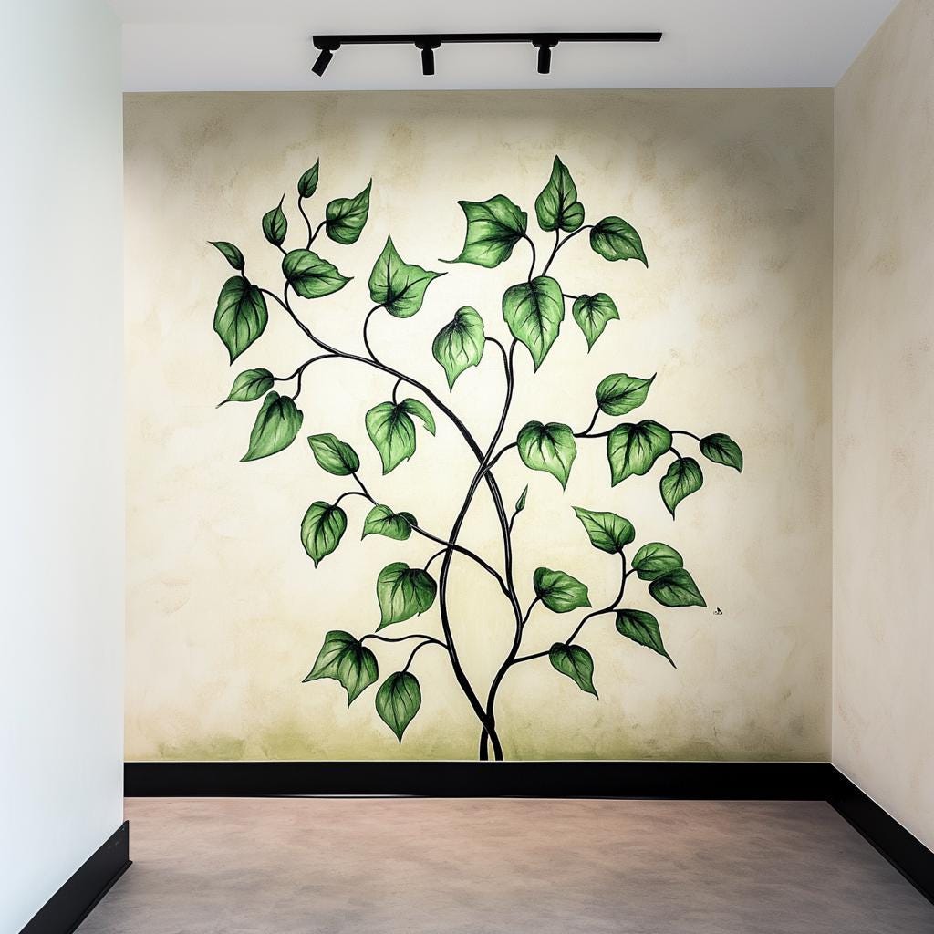 Botanical vine wall decal featuring lush green leaves on a textured wall, perfect for nature-inspired home decor.