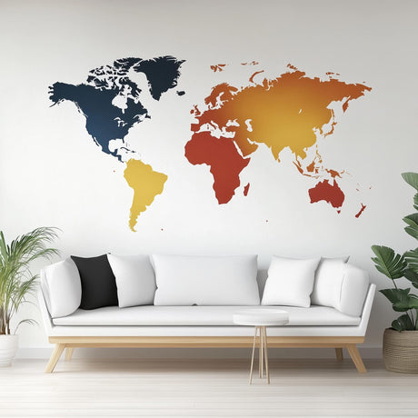 Gradient world map wall decal in modern living room with white sofa and plants, stylish and minimalist home decor.