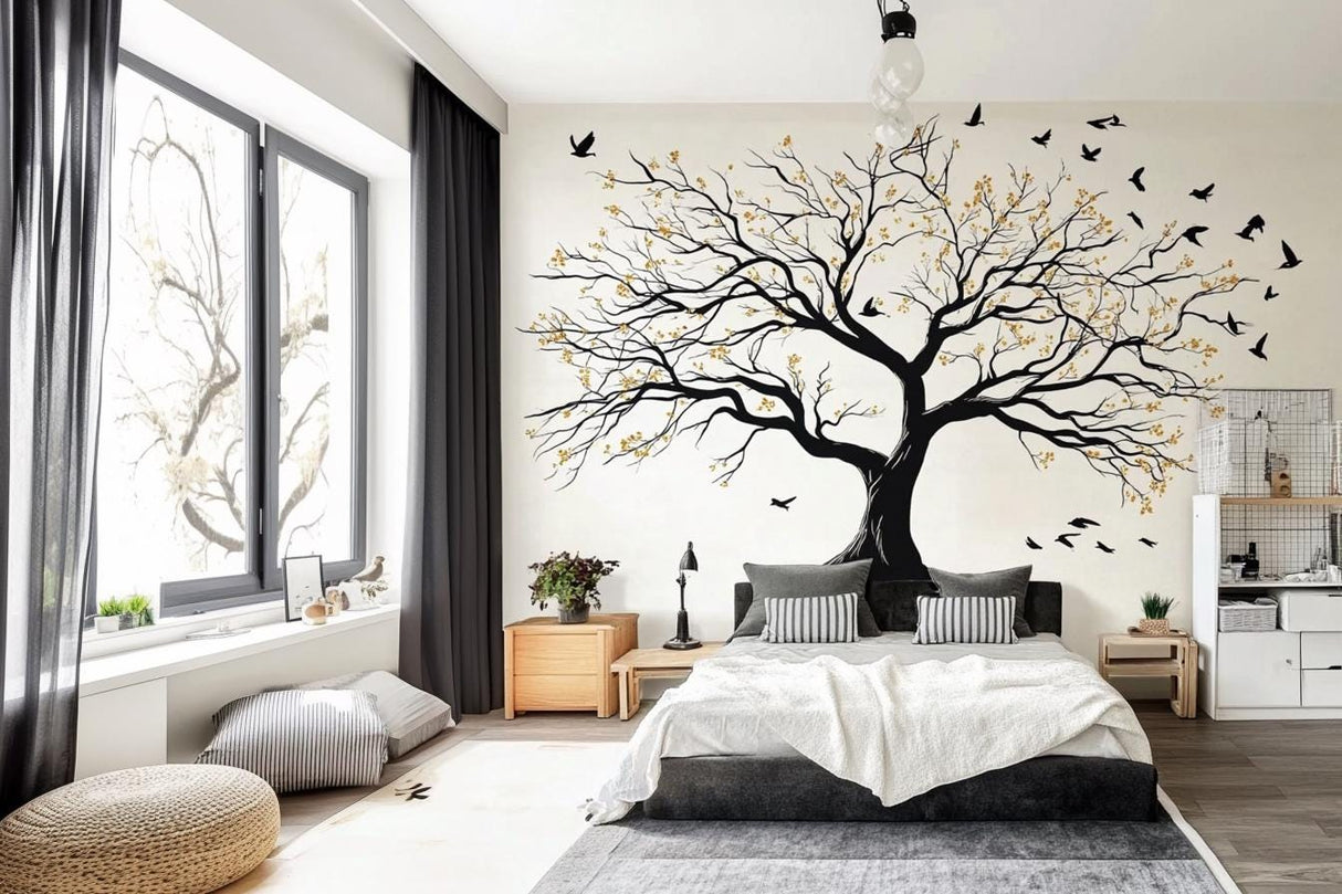 Large tree wall decal in a bedroom, featuring black branches and golden leaves, creating a serene nature-inspired decor.