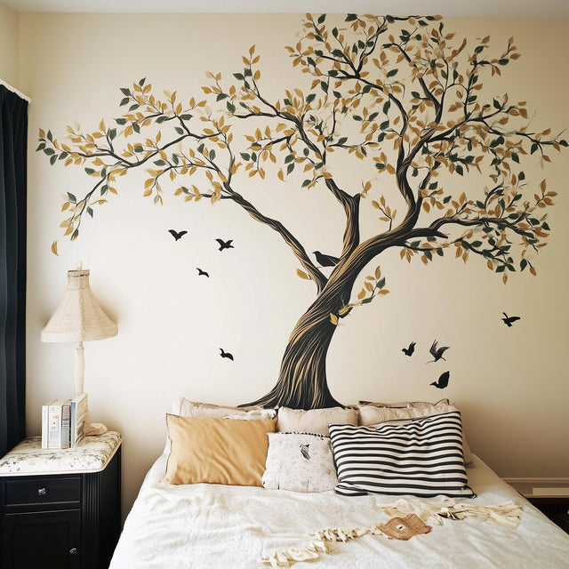 Elegant large tree wall decal with golden leaves and birds, enhancing a cozy bedroom decor.