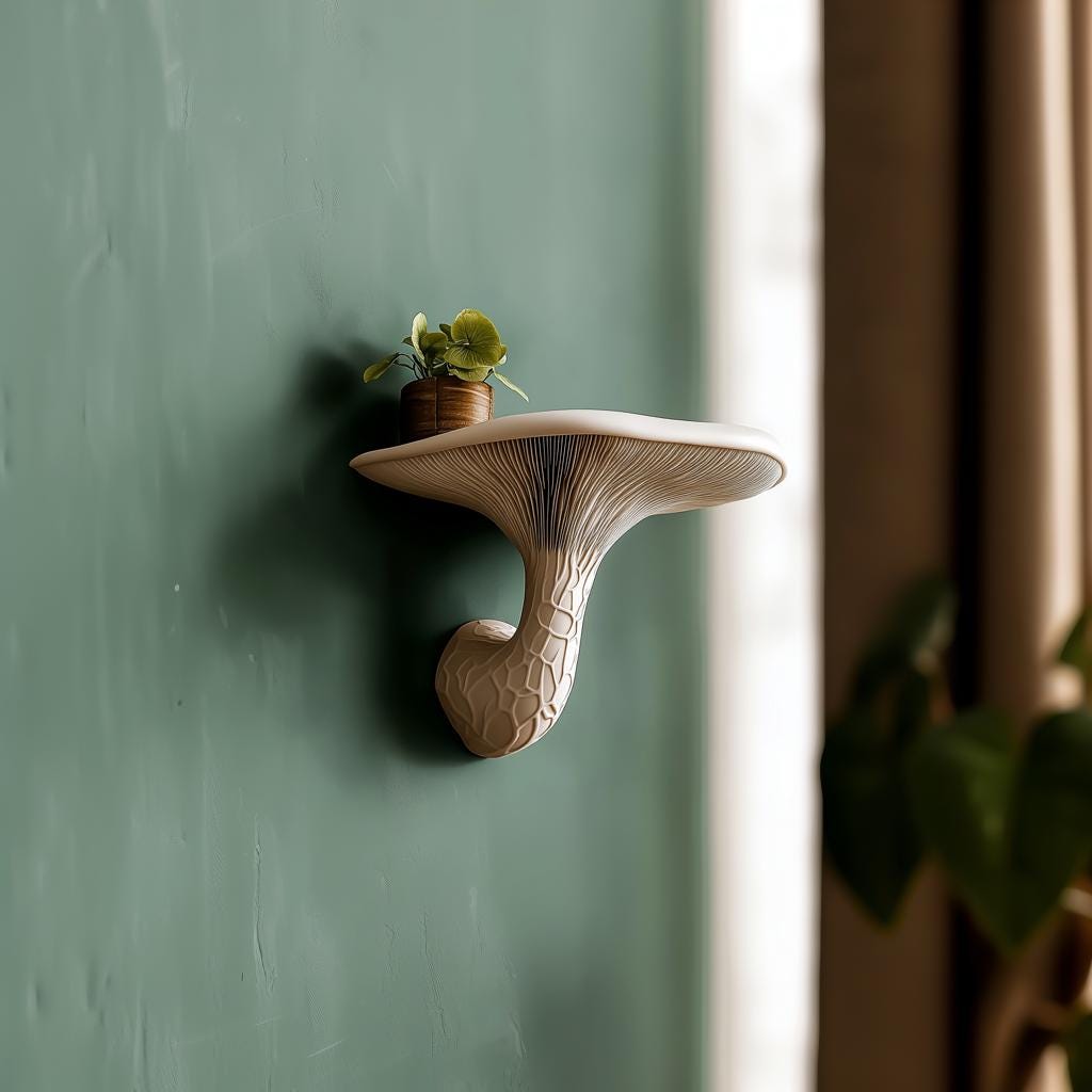 3D printed mushroom floating shelf with small plant mounted on a green wall, showcasing nature-inspired decor.