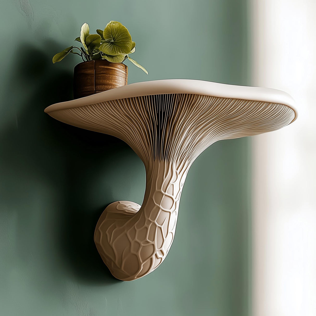 3D printed mushroom floating shelf with plant, nature-inspired wall decor, organic home accent.