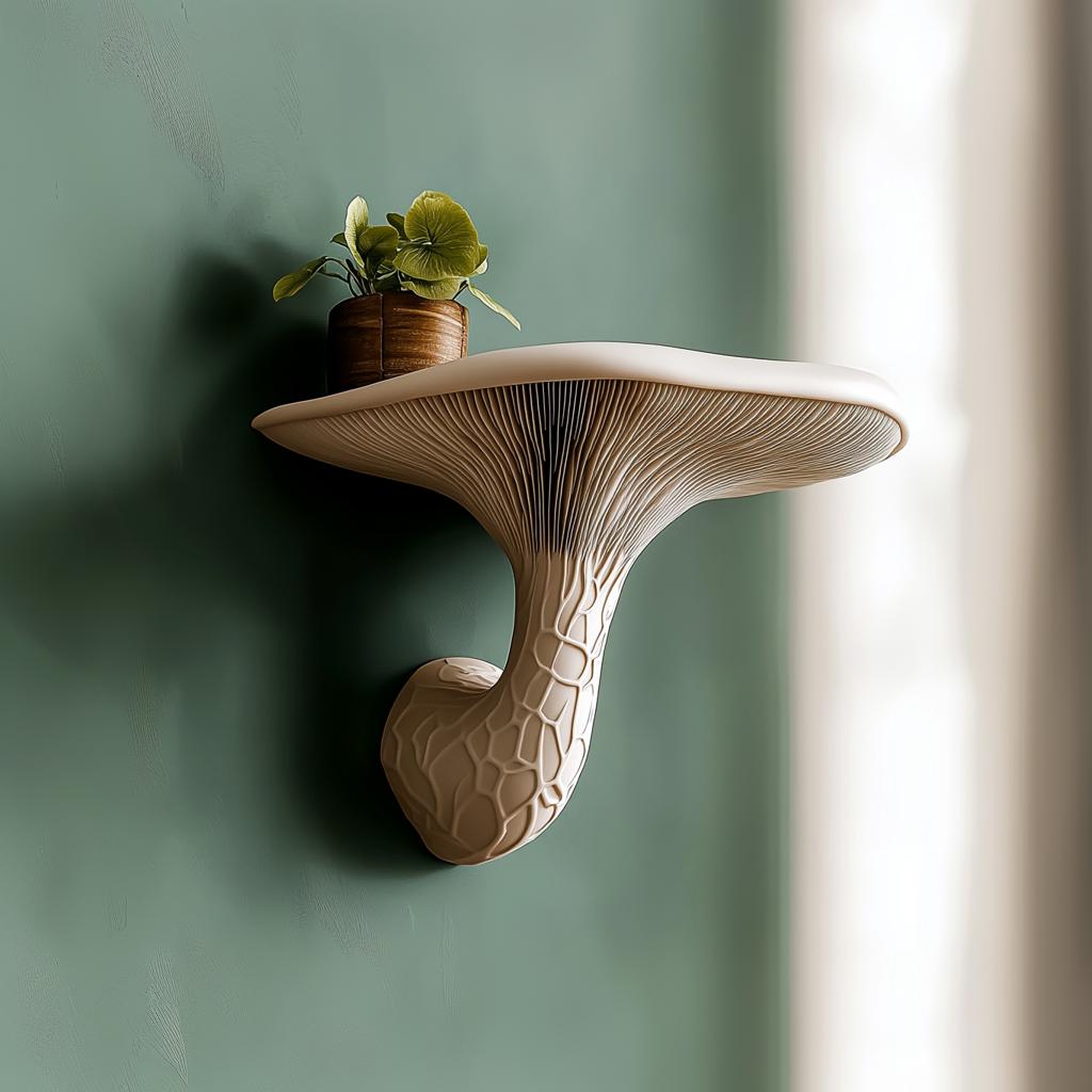 3D printed mushroom shelf mounted on green wall with a small plant, showcasing nature-inspired home decor.