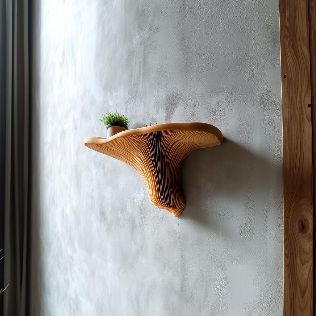 3D printed mushroom shelf on a wall, showcasing organic design with vibrant colors and adding a nature-inspired decor element.