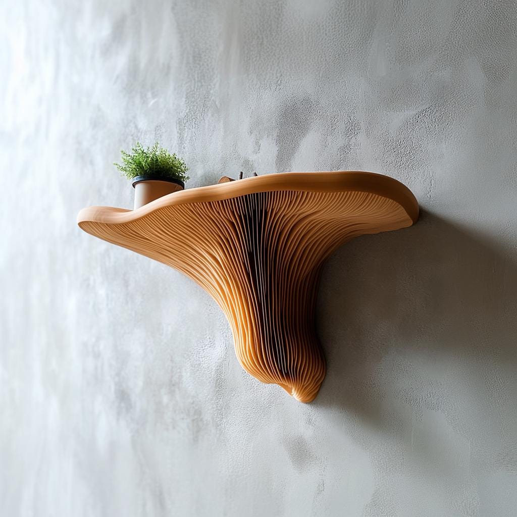3D printed mushroom floating shelf with gill patterns and potted plant, ideal for modern organic wall decor.