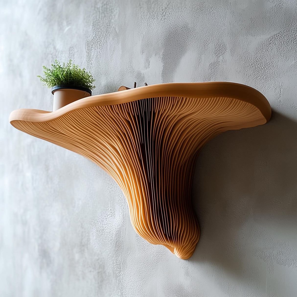 3D printed mushroom shelf mounted on wall with plant, showcasing unique organic design and modern decor.