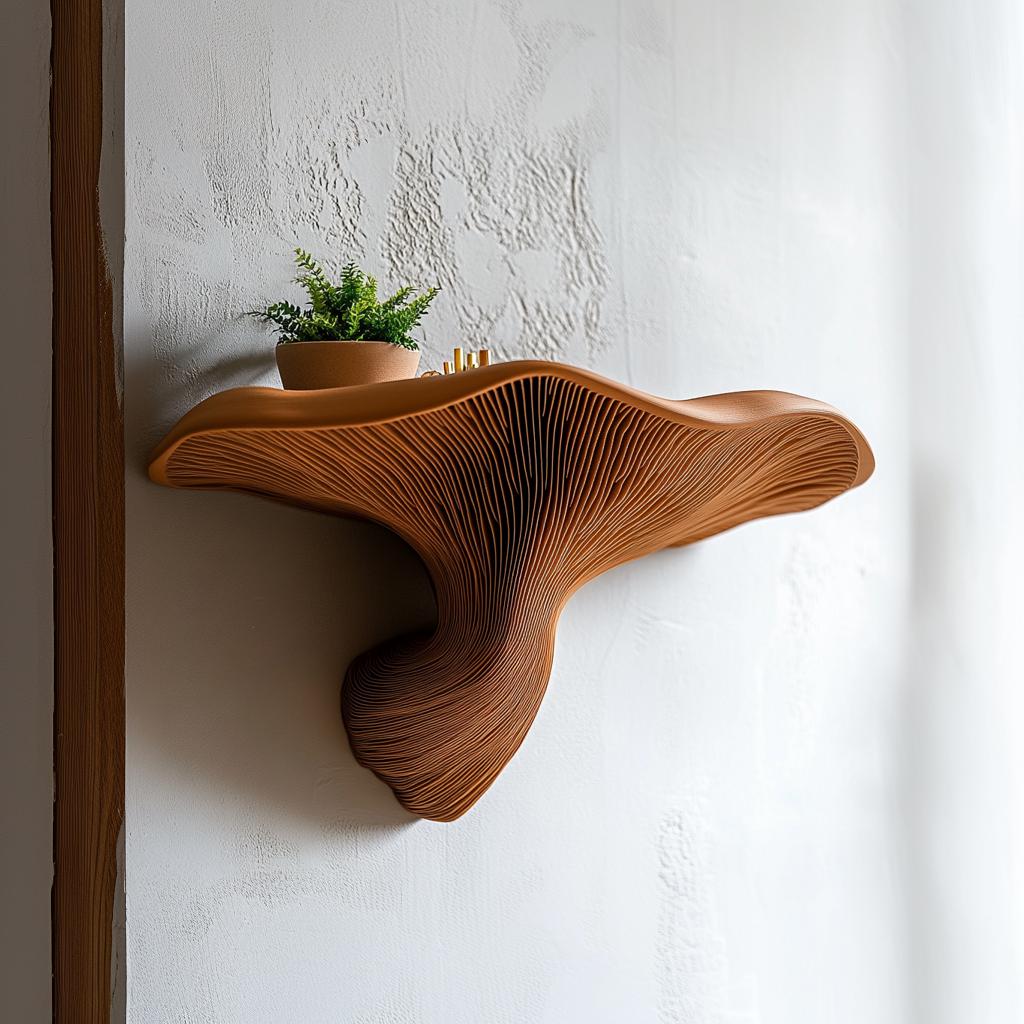 3D printed mushroom wall shelf with plant, showcasing organic design and modern home decor style.