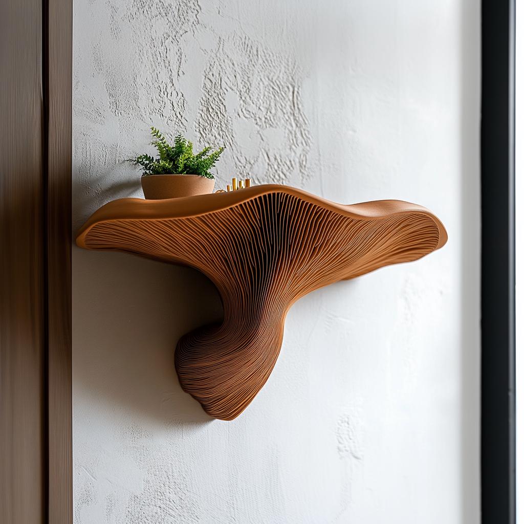 3D printed mushroom floating wall shelf with decorative plant, showcasing modern organic wall decor for nature-inspired homes.