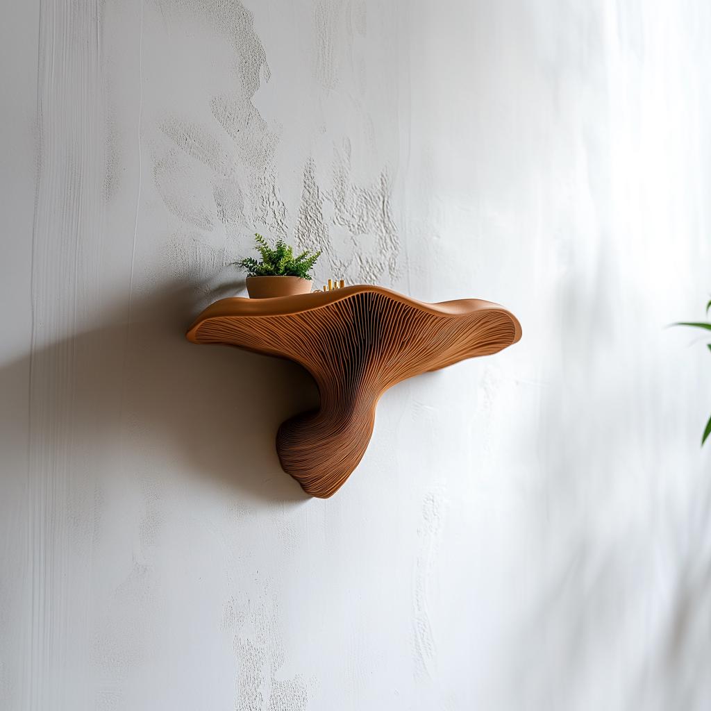 3D printed mushroom floating wall shelf with potted plant, showcasing organic design and modern aesthetic decor.
