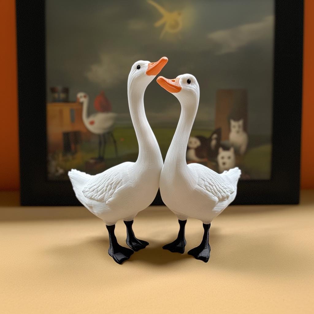 Cute 3D printed goose key holder for keys, showcasing two white geese with orange beaks in a playful design.