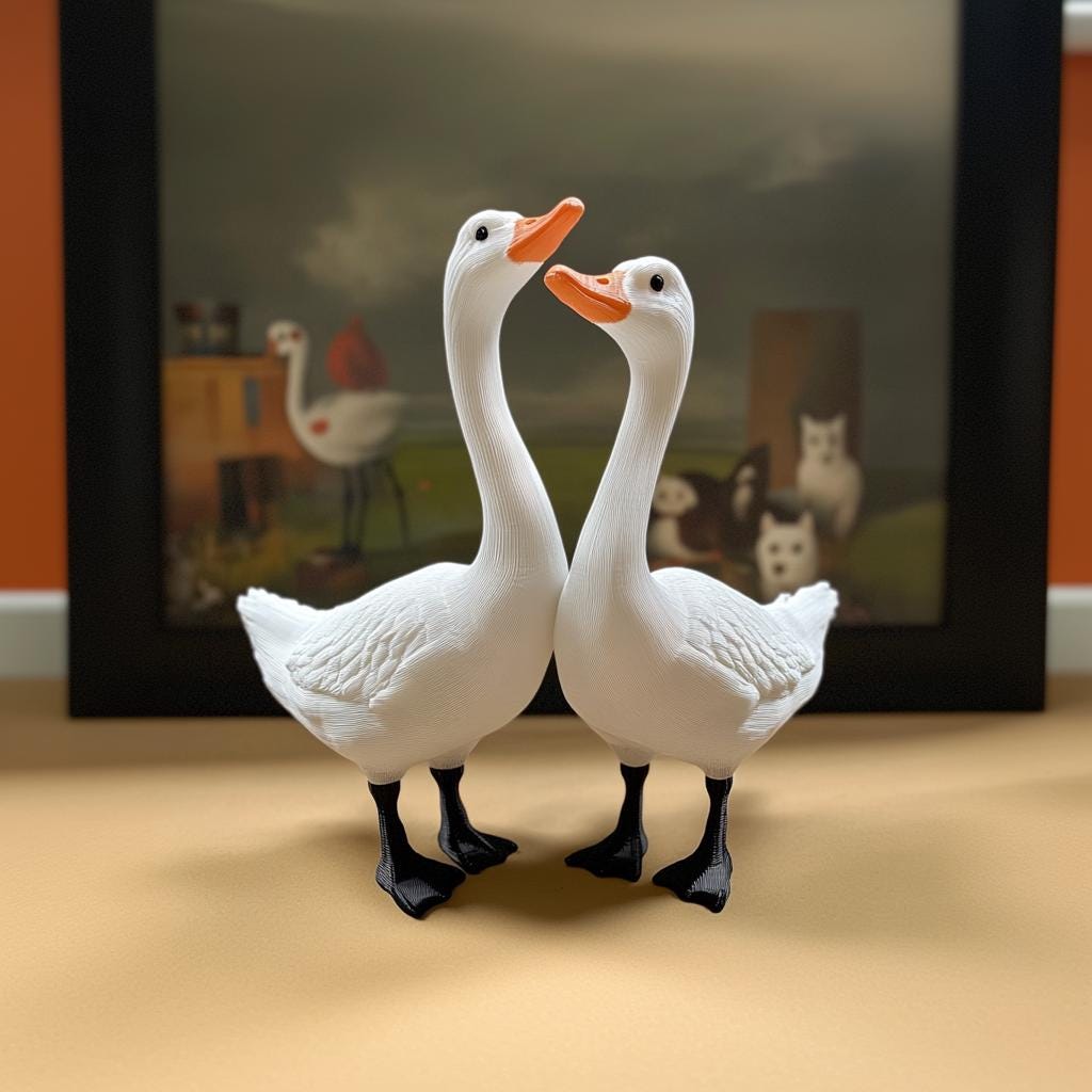 Pair of decorative 3D printed geese figurines for key holding, featuring a whimsical design in a cozy home setting.