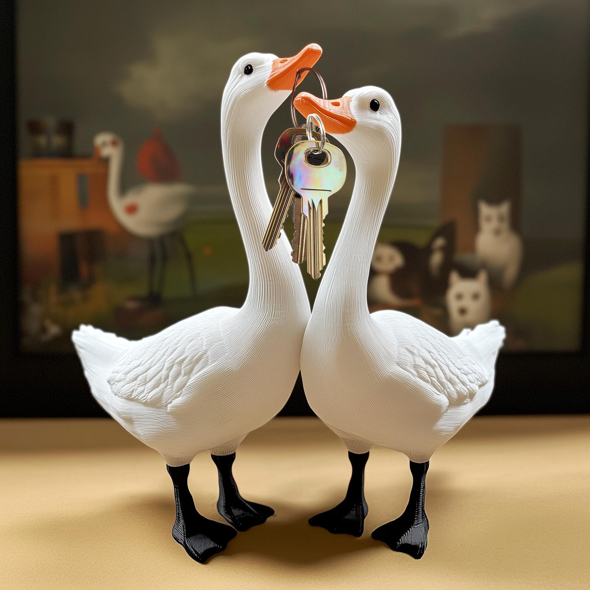 3D printed goose key holder with keys held in beaks, quirky farmhouse decor for entryways.