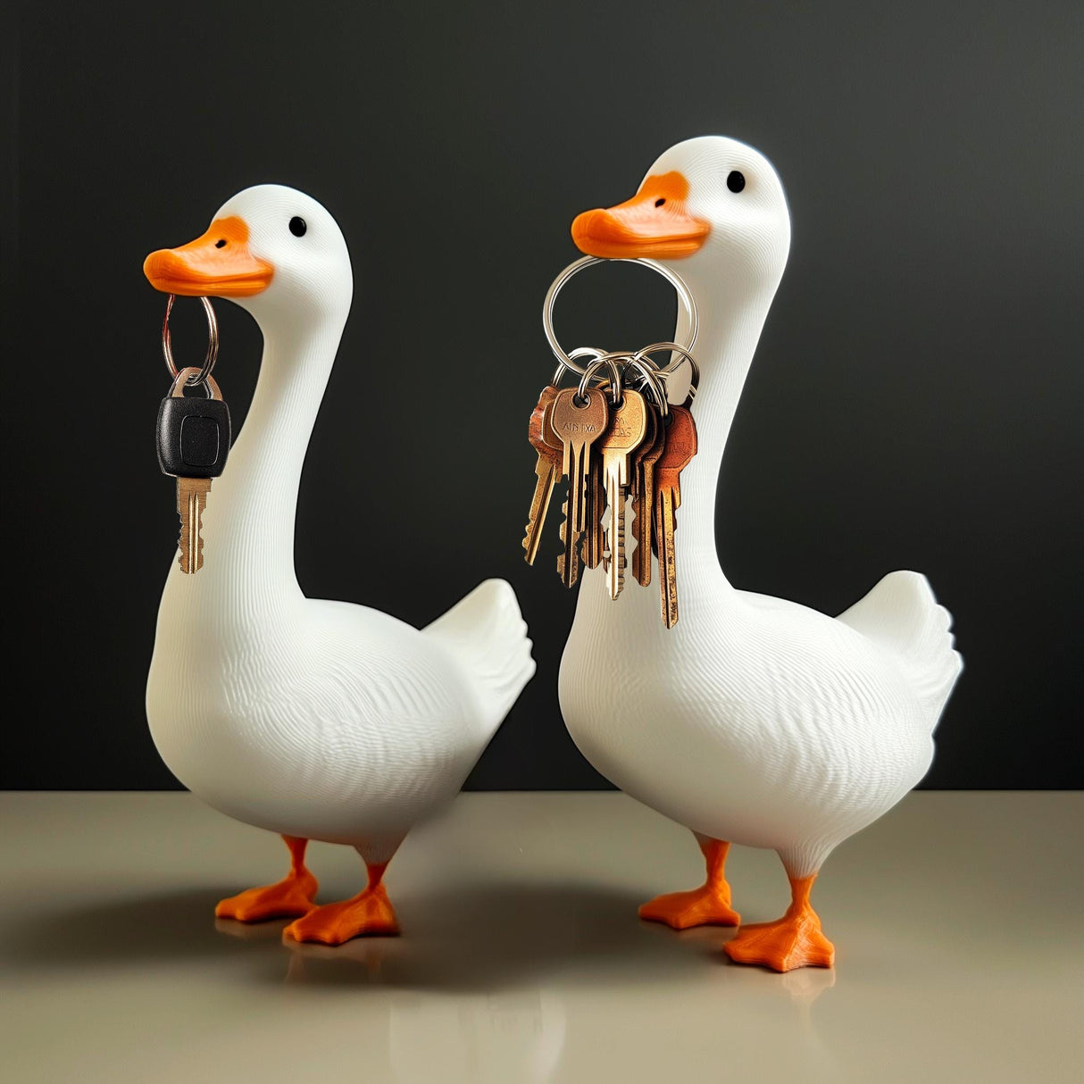 3D printed goose key holder with keys in beaks, unique farmhouse decor for organizing keys.