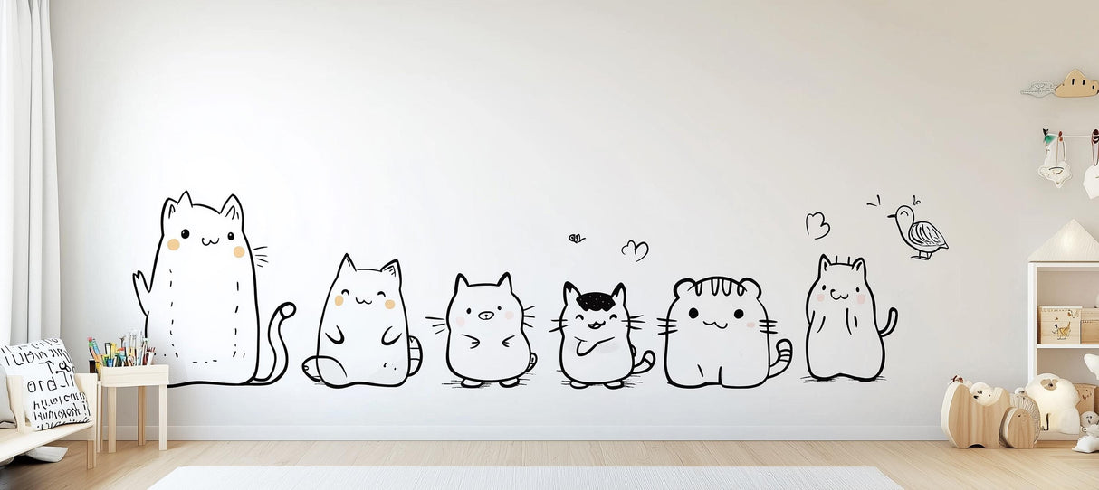 Cute cat wall decal set featuring six quirky cartoon cats for kids' room or nursery decor.