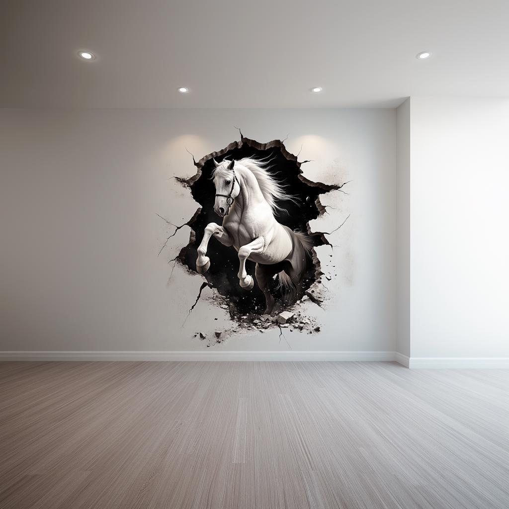 3D white horse wall sticker breaking through a wall, adding dynamic decor to a modern living space.