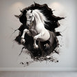 3D white horse wall sticker breaking through wall, realistic animal decor for living room or bedroom.