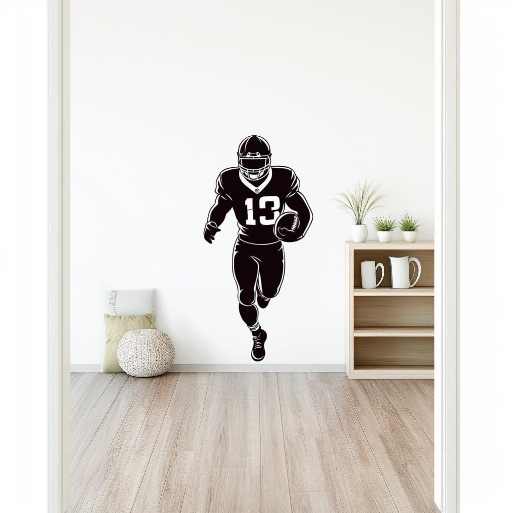 Football player wall decal in a stylish room, perfect for boys' rooms or sports-themed decor.