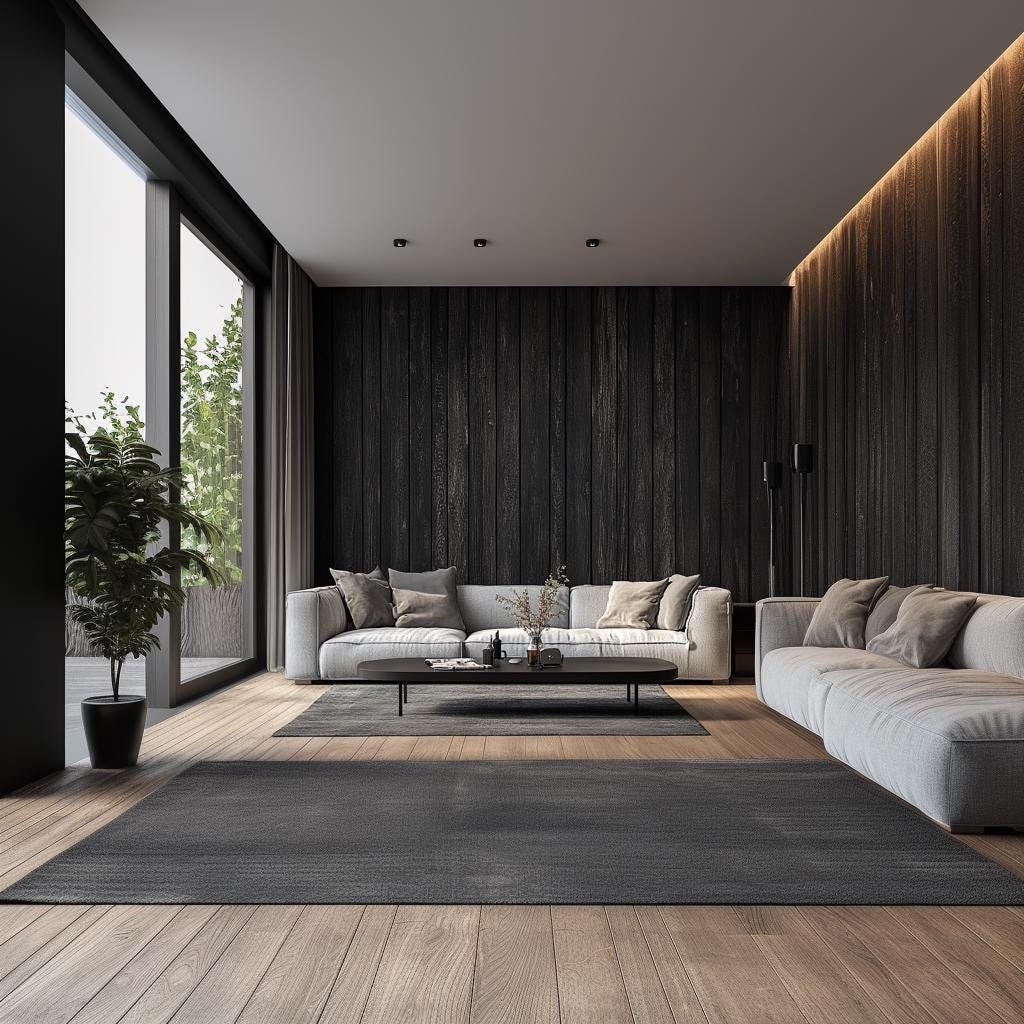 Modern living room with black woodgrain wallpaper, light sofa, and stylish decor elements.