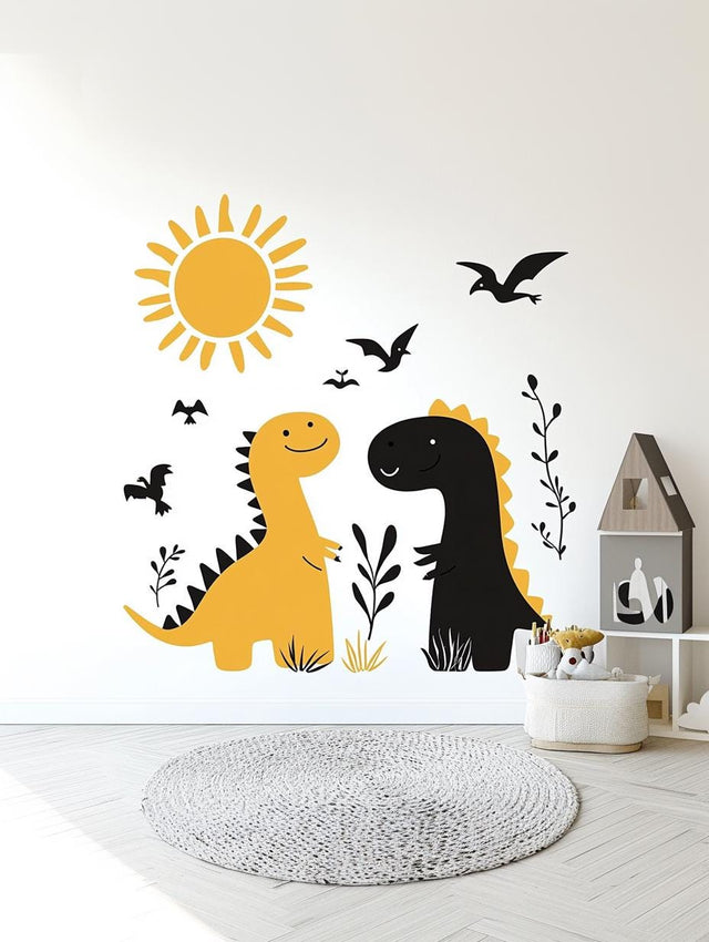 Dinosaur wall decal set featuring a yellow and black dinosaur, sun, and birds for kids' room decor.