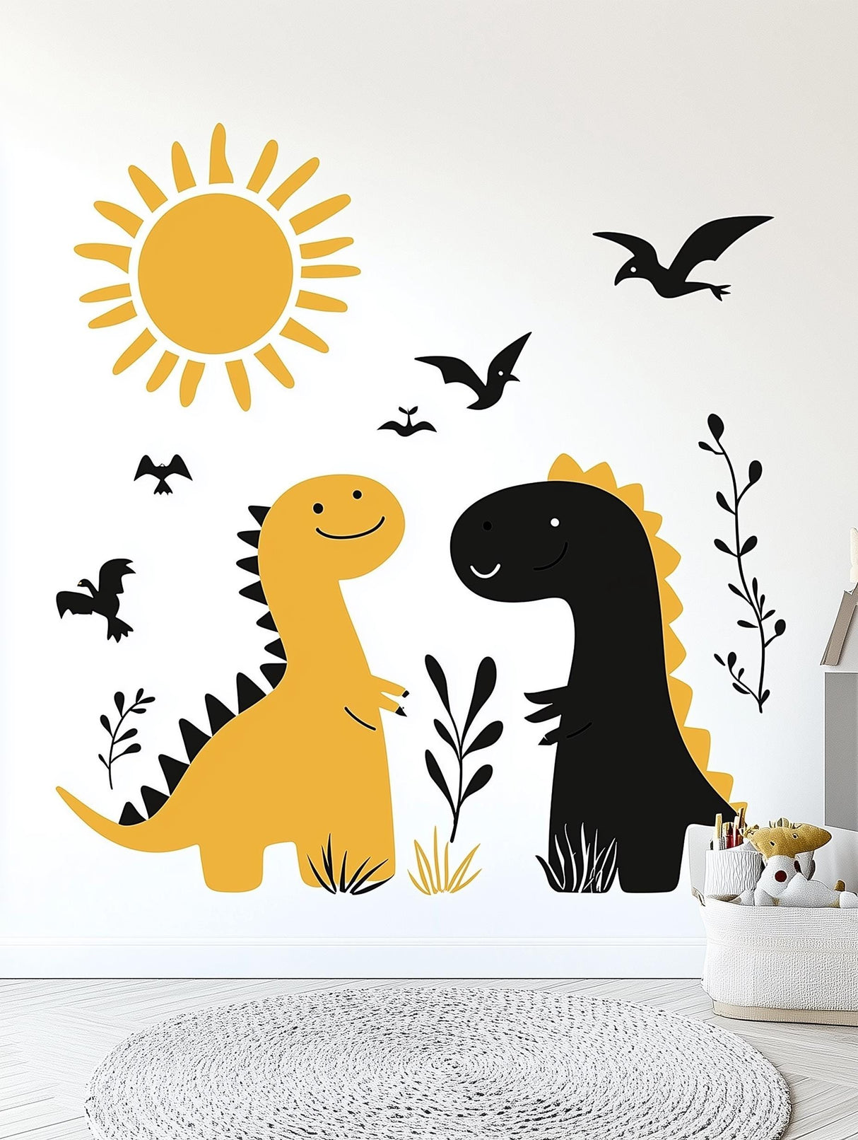 Cute yellow and black dinosaur wall decals with sun and birds for kids room decor.
