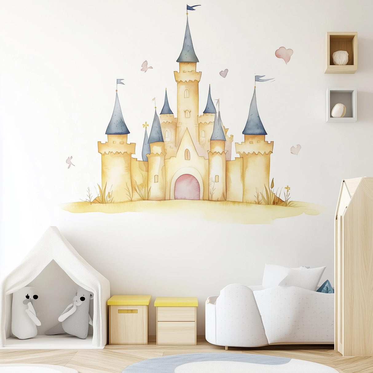 Watercolor fairy tale castle wall sticker in pastel colors for kids' room, nursery, or playroom decor.