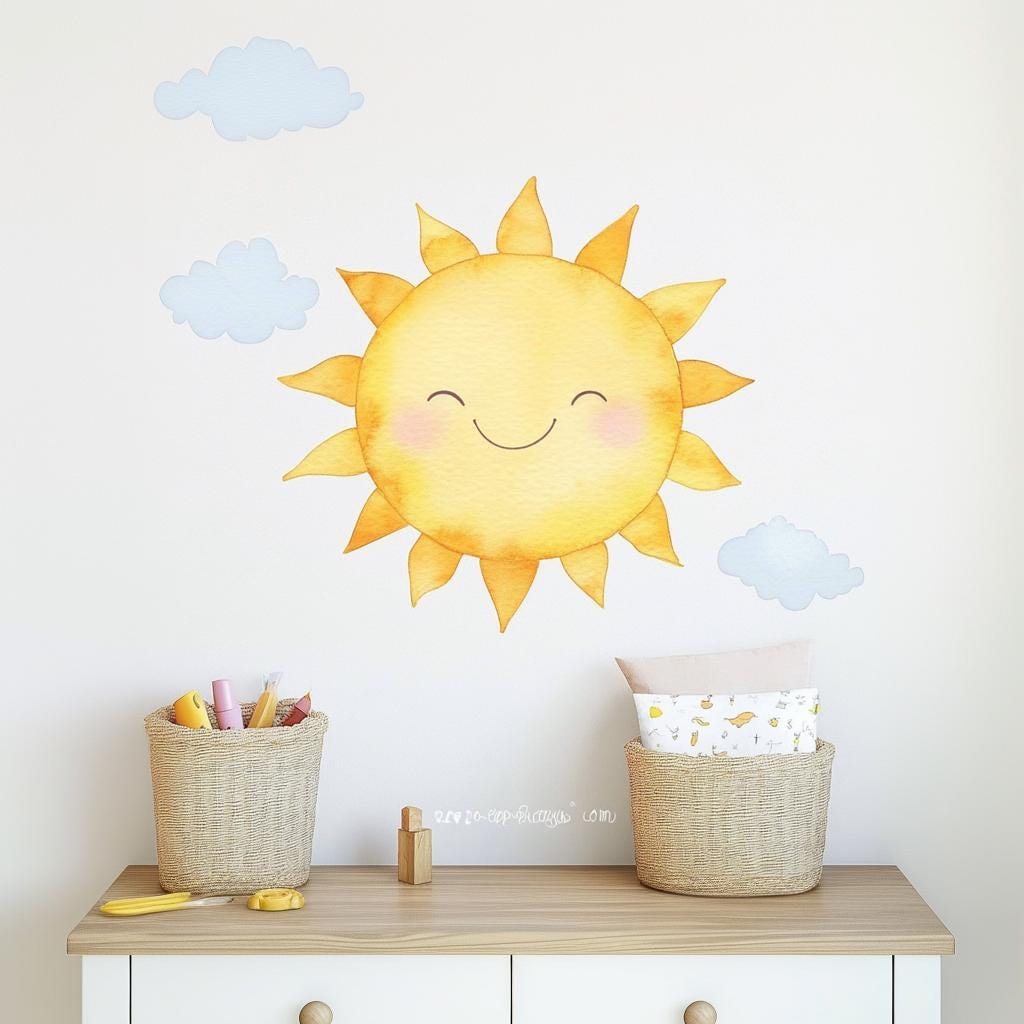 Smiling Sun Wall Decal Sticker | Watercolor Sun and Cloud Nursery Wall Art | Removable Kids Room Sticker | Cute Baby Room Decor
