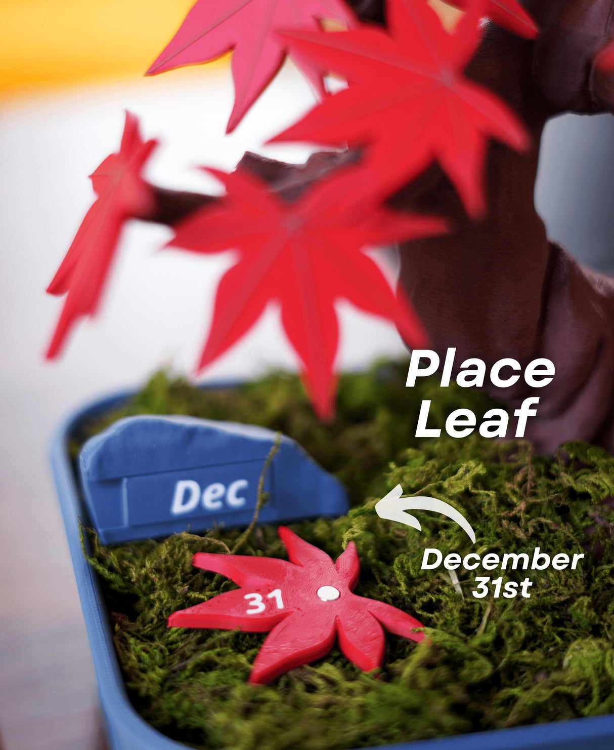 Close-up of Bonsai Tree Calendar showing red leaves and markers for placing the leaf on December 31st.