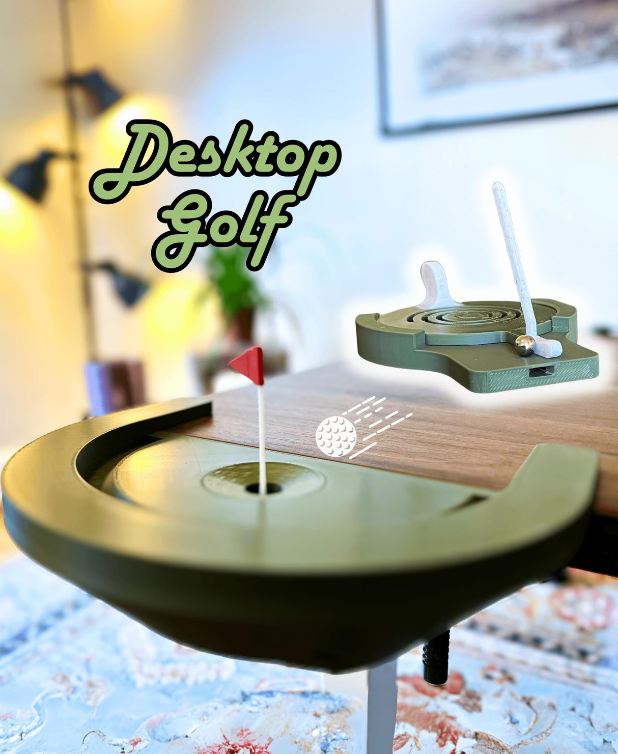 Interactive Desktop Golf Game featuring a mini putting green and flag, perfect for office fun.