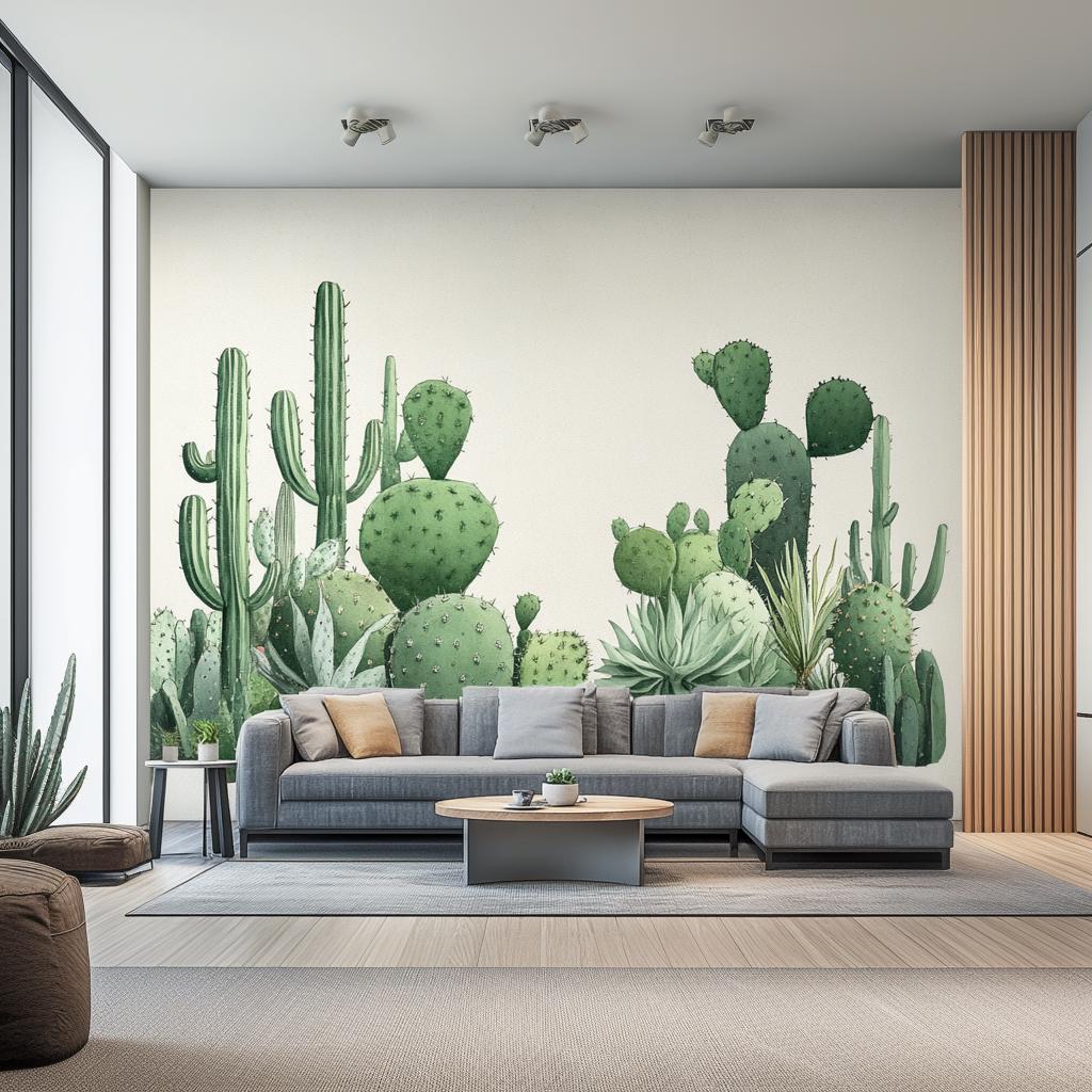 Cactus wall decal in modern living room with gray sofa and natural light, featuring lush watercolor-style cacti.
