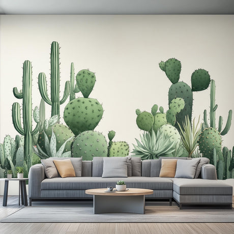 Watercolor cactus wall decal sticker in a modern living room with gray sofa and decorative pillows.