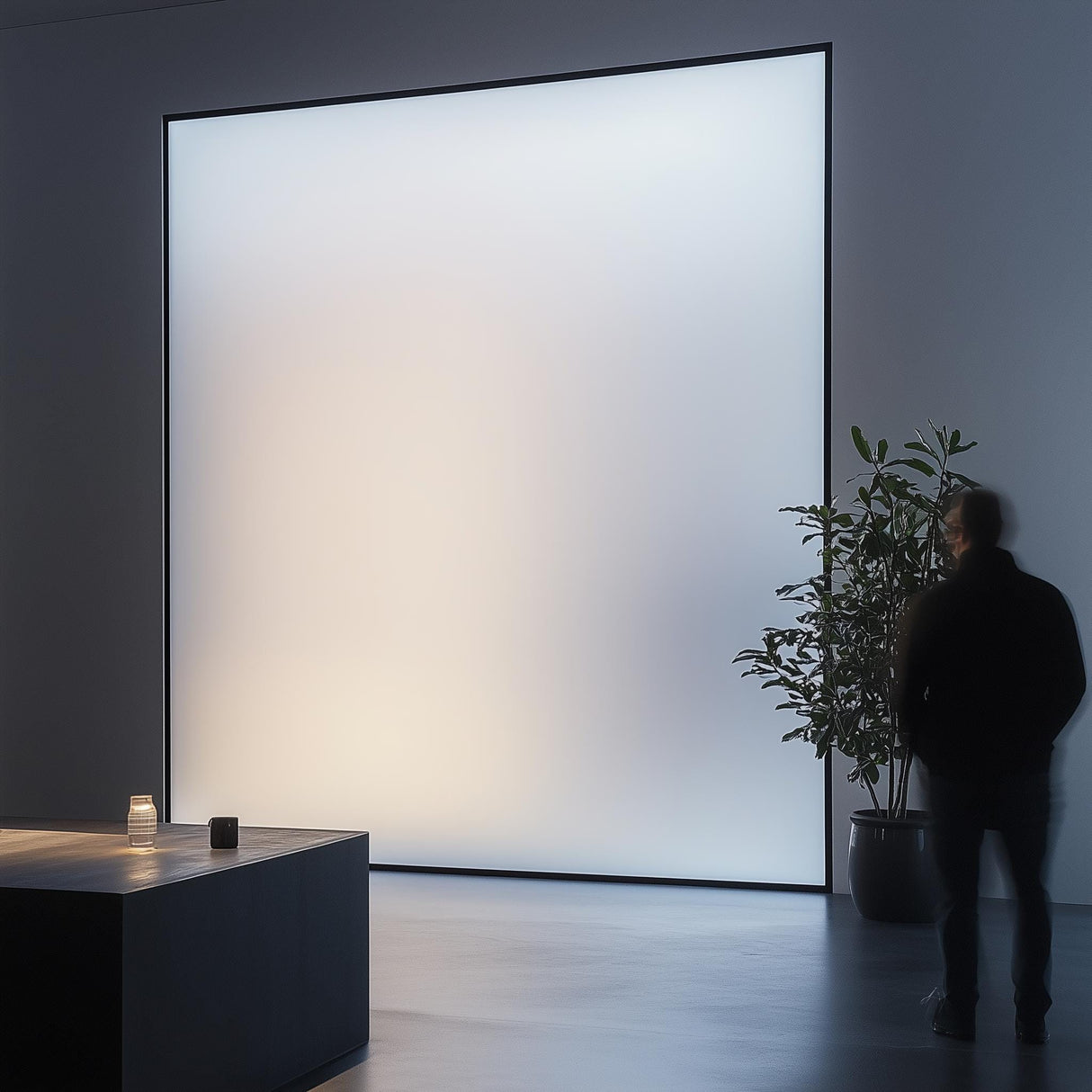 A minimalist room featuring a frosted vinyl film wall, soft light diffusion, and a sleek modern design.