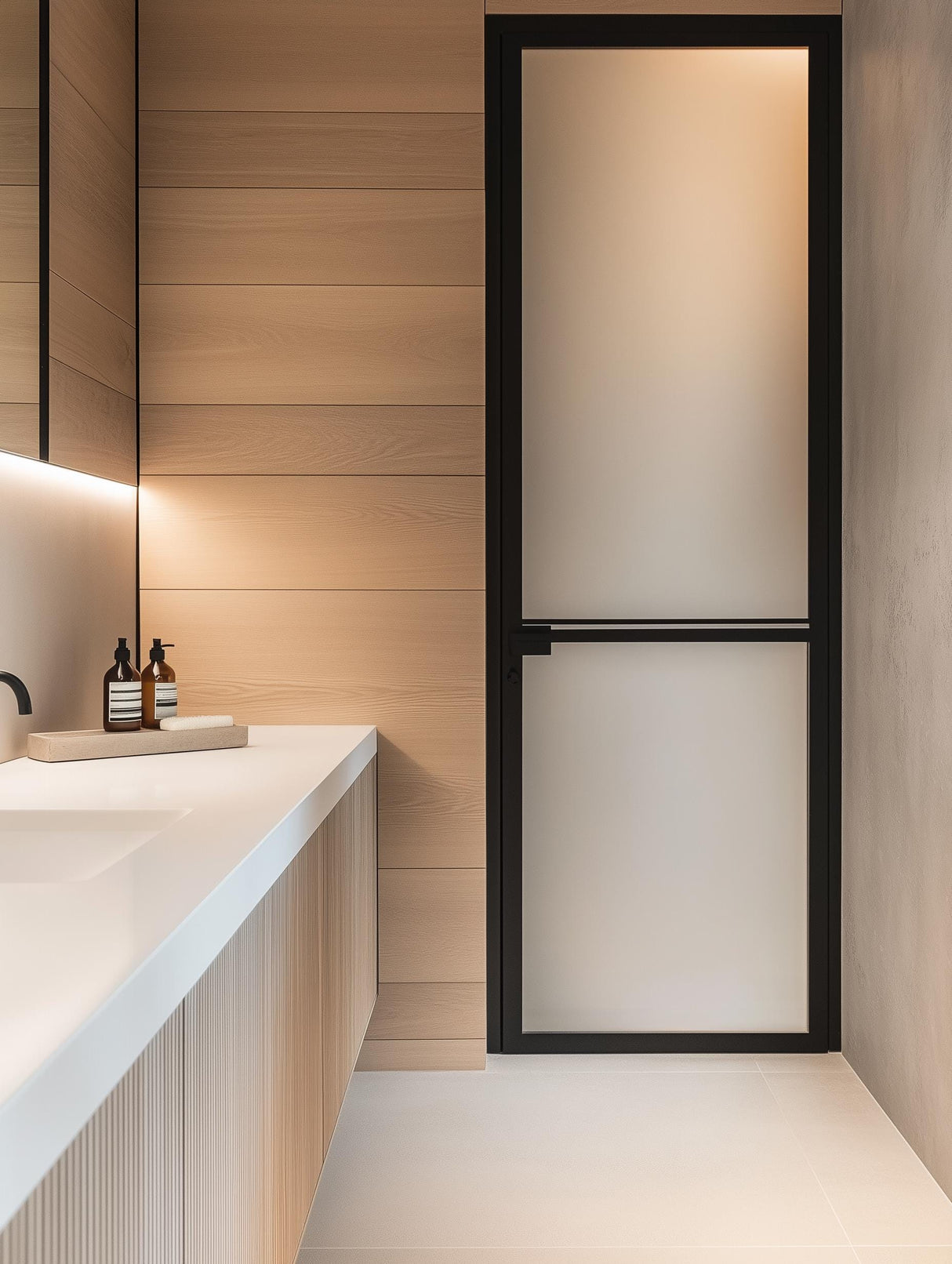 Modern bathroom featuring a frosted glass door and wooden accents for a sleek design.