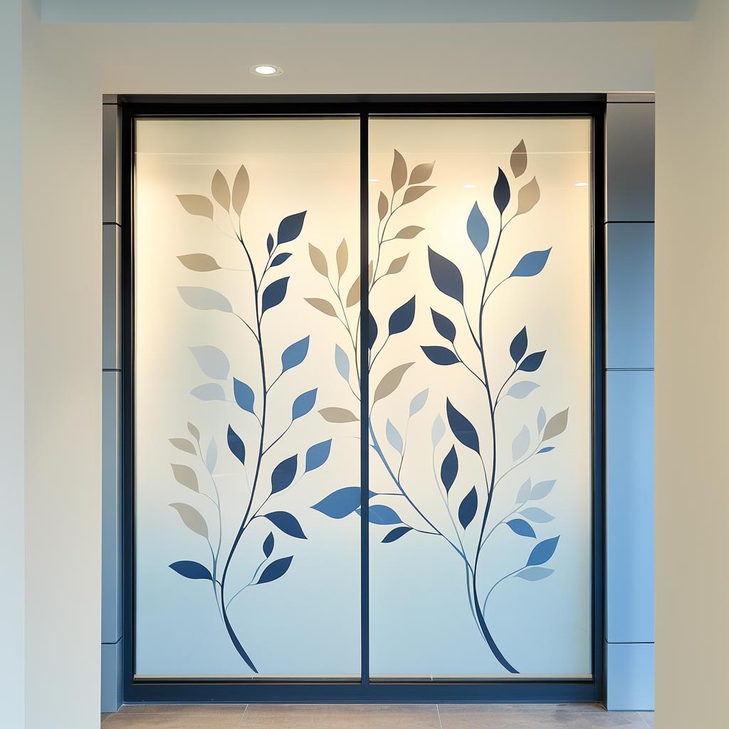 Frosted glass decal featuring a multi-color leaf design on office doors, providing privacy and elegance.