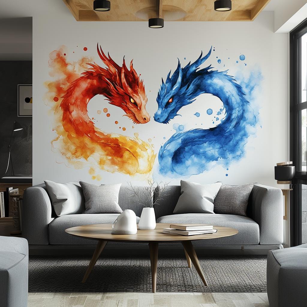 Watercolor dragon wall decal featuring red and blue dragons in a yin-yang design, ideal for fantasy room decor.