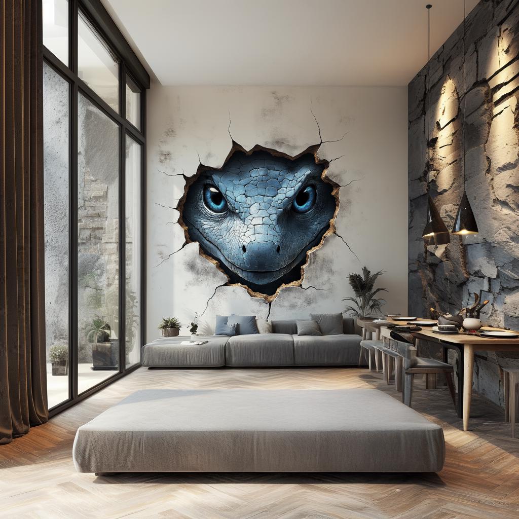 3D blue gecko wall decal breaking through a wall in a modern living room, enhancing decor with a realistic touch.
